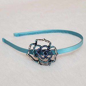 Blue Rhinestone Embellished Floral Headband - Special Occasion + Dance + Parties